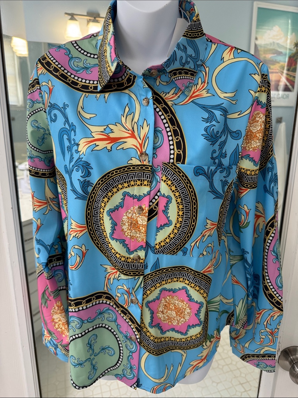 Blue Printed Button-Front Shirt with Pink & Gold Accents NWT M